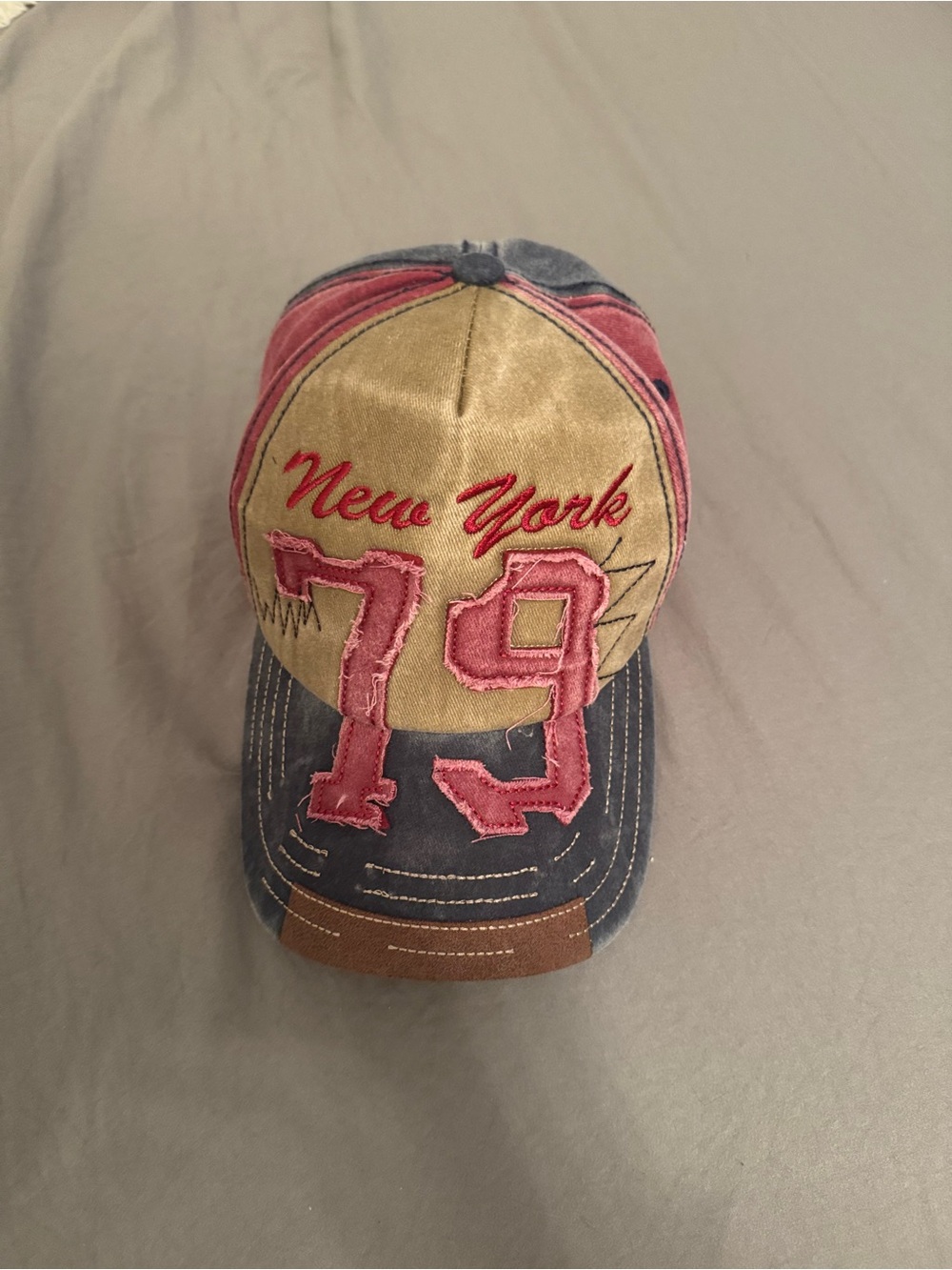 Embroidered 'New York 79' Colorblock Baseball Cap - Gold, Navy & Pink
